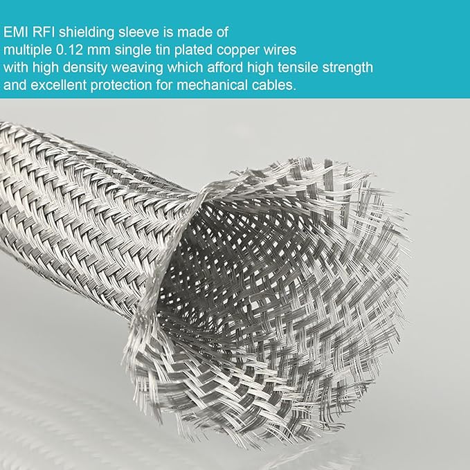 Tinned Copper Braided Cable Shielding Sleeve Metal Wire Loom Sheathing EMI RFI ESD Protector Grounding Mesh Flat Tubular Expandable 1/4" W(0.16" ID)-16FT
