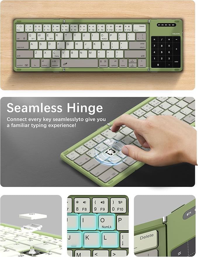 Nillkin Upgraded Foldable Bluetooth Keyboard with Touchpad & Number Pad, Portable Wireless Keyboard for Travel, Pocket-Sized, Full Size Keys, Support 3 Devices for iPad Laptop Tablets Phone, Green