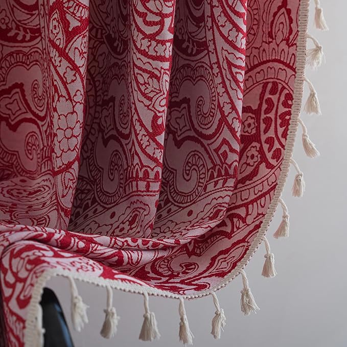 ENJOYBRIDAL Red Paisley 96 Inch Curtains for Bedroom Boho Drapes Semi Sheer Rod Pocket 2 Panels Long Window Curtain Panels for Living Room Farmhouse Jacquard Decorative Vintage Window Treatments