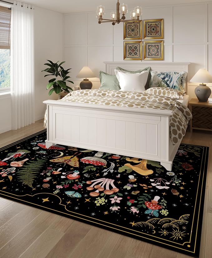 Mushroom Moth Area Rugs for Living Room Dining Room Bedroom Farmhouse, Non-Slip Machine Washable Black Living Room Rug Carpet 3'x5', Witchy Decor Aesthetic
