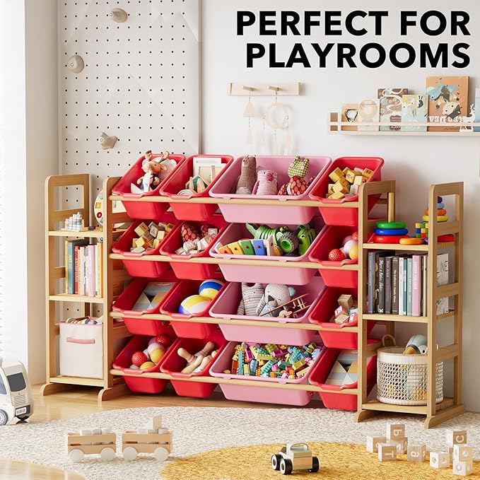 SpaceAid Toy Storage Organizer with 6 Shelves and 16 Bins, Toy Organizers Storage Bookshelf, Kids Bin Shelf Toys Box Bookcase for Bedroom Playroom Organization Room Decor, Red and Pink