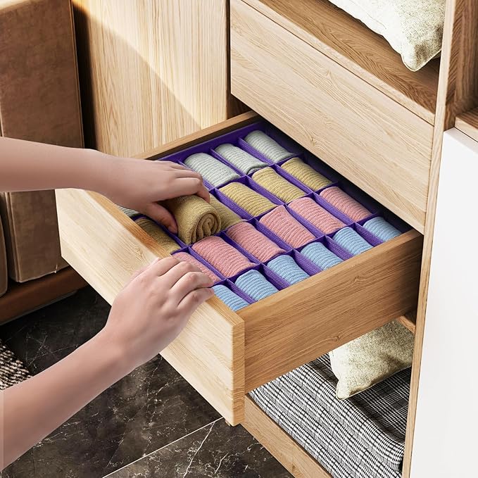Joyoldelf Sock Drawer Organizer Divider 2 Packs Underwear Organizer, 24 Cell Closet Organizers and Storage Organizer Sock Holders Organizers for Storing Socks, Handkerchiefs, Ties, Belts (Purple)