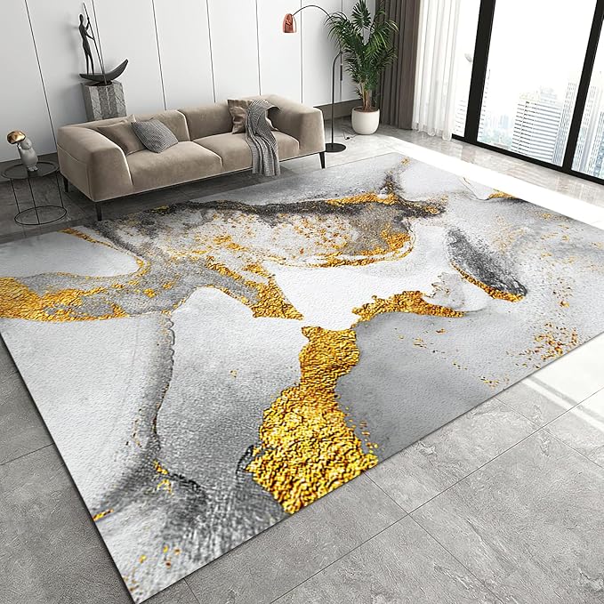 Light Luxury Gray Gold Marble Area Rug, Modern Marble Non Slip Accent Rug, Machine Washable Durable Carpet for Indoor Bedroom Living Room Office Decor Rug - 4 ft x 6 ft