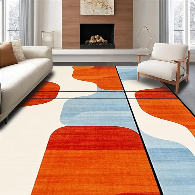 Flatwoven High Traffic Area Rug 8x10, Modern Art Deco with Geometric Flair and Colorful Accents, Non Slip, Stain Resistant, Washable Area Rugs for Living Room, Bedroom (Orange, 8x10)