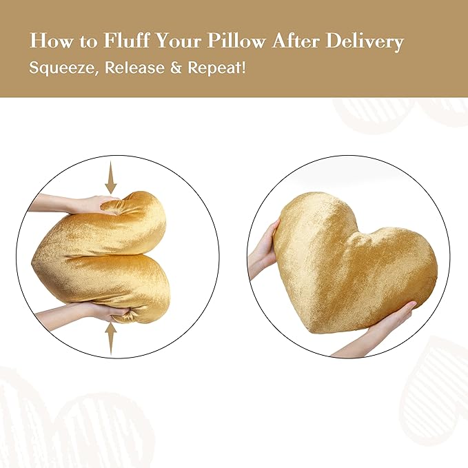 AELS Heart Shaped Pillow, Set of 2, Heart Decorative Throw Pillows, Velvet Love Pillows 20 & 16 Inches, Cute Valentines Day Decorations, Wedding Decor, Living Room Bedroom Nursery Decor, Golden