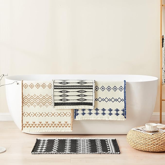 Douceur Boho Bath mat for Bathroom Floor Non Slip, Acrylic Blend Cute Bath Rugs with Tassels, Black and Cream White Tribal Ethnic Pattern Farmhouse Bathroom Rugs