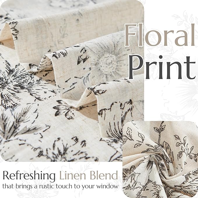 jinchan Pinch Pleated Curtains Floral Linen Blend Curtains for Living Room 90 Inches Length Black Peony Flower Printed Curtain Rod Pocket Back Tab Farmhouse Pinch Pleat Drapes with Hooks Set 2 Panels