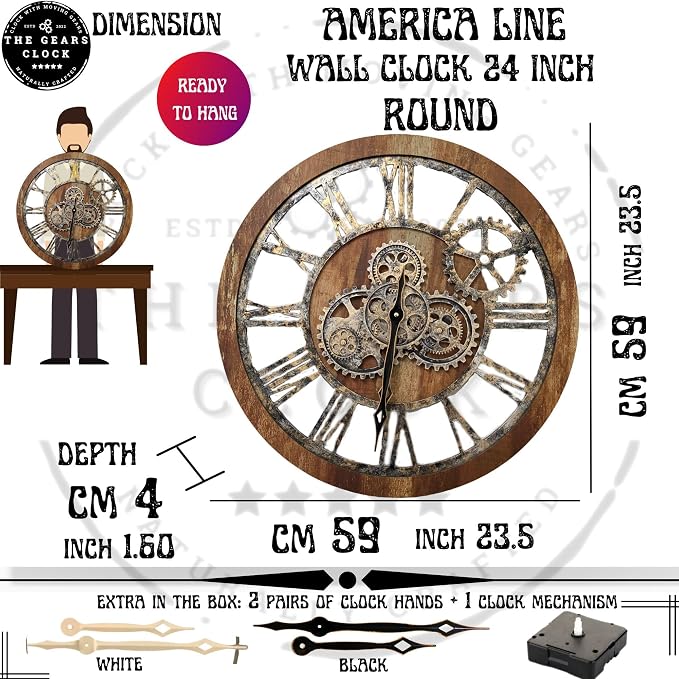 ImprovingLife The Gears Clock The Original Real Moving Gear Wall Clock Vintage Industrial Oversized Rustic Farmhouse (24 inch (60cm), Vintage Carbon Grey and Bronze)