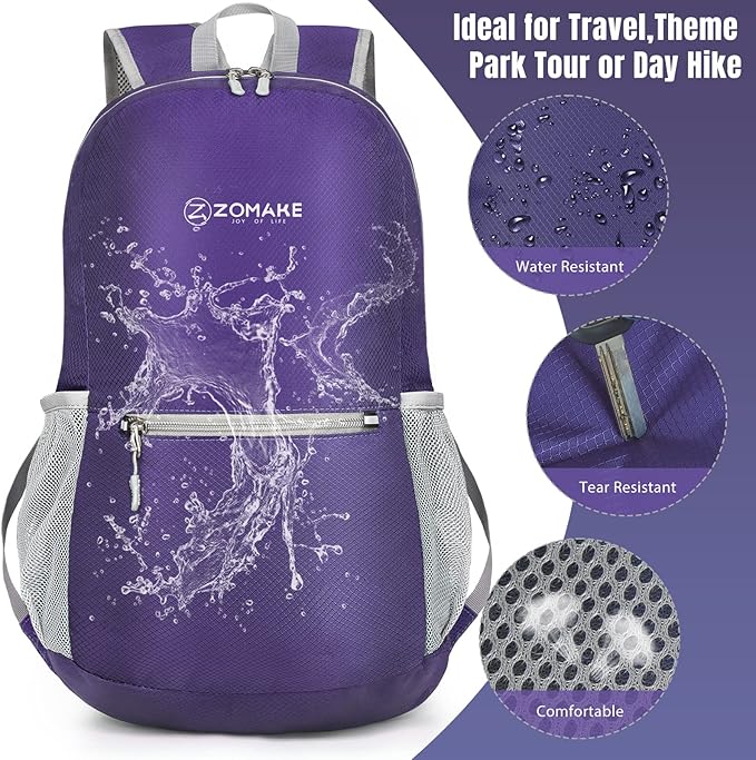 ZOMAKE Ultra Lightweight Hiking Backpack 20L, Packable Small Backpacks Water Resistant Daypack for Women Men(Purple)