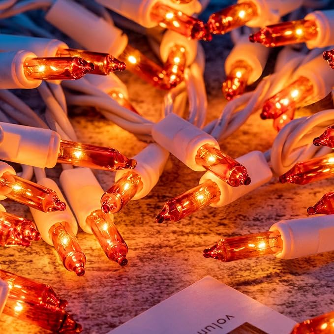 YULETIME 200 Orange Christmas Lights, Pack of 2 Strands of 21 ft 100 Count UL Certified Incandescent Mini String Light (Orange - White Wire)
