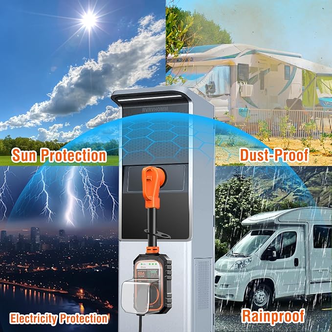 RV Surge Protector 50 Amp Flag Design - Upgraded 16000J Power Surges Voltage Protection Circuit Analyzer IP68 Waterproof Cover for 50A RVS Camper Trailer Must Haves (50Amp, Orange)