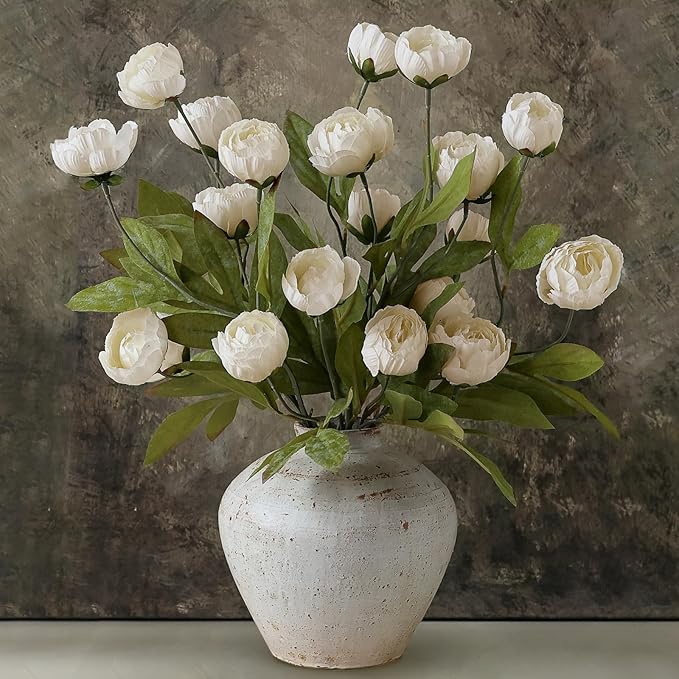 VIERENA 6 Pcs Faux Silk Peony Artificial Flowers for Vase -27", Bulk Fake Peonies Branches with Stems for DIY Bouquet Centerpieces Wedding Fillers Arrangements Shower Decorations (Cream)