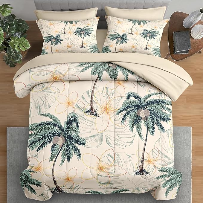 Comforter Set King Size, Tropical Botanical Palm Summer 7 Pcs Bedding for Kids and Adults, Hawaiian Coconut Tree Bed Sheet Sets with Fitted Sheet 2 Pillowcase & 2 Sham for Bedroom Bed Decor