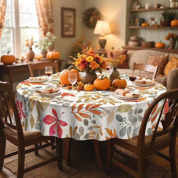 Eikione Fall 60Inch Round Tablecloth, Fall Maple Leaf Round Table Cloth, Waterproof, Wrinkle Free Polyester Table Cover for Autumn Picnics, Halloween Dining Decorations