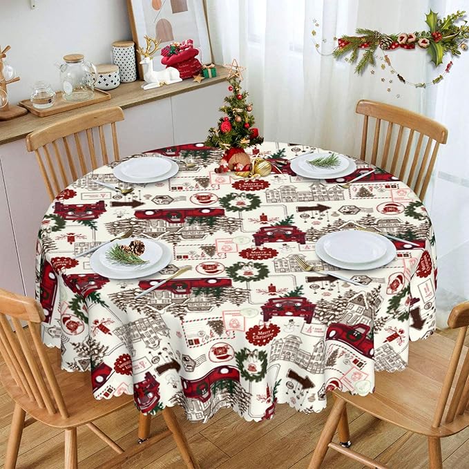 Eikione 70 Inch Round Merry Christmas Tablecloth, Truck Christmas Tree Tablecloth, Stain Resistant Dining Table Cover for Holiday Decor