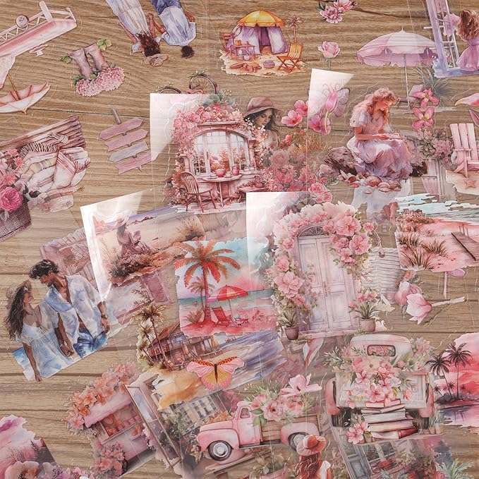 Auguro PET 20 Sheets 120 Pre-Cut Summer Stickers for Scrapbooking People Beach Scrapbook Sticker Transparent Stickers for journaling Junk journaling Supplies