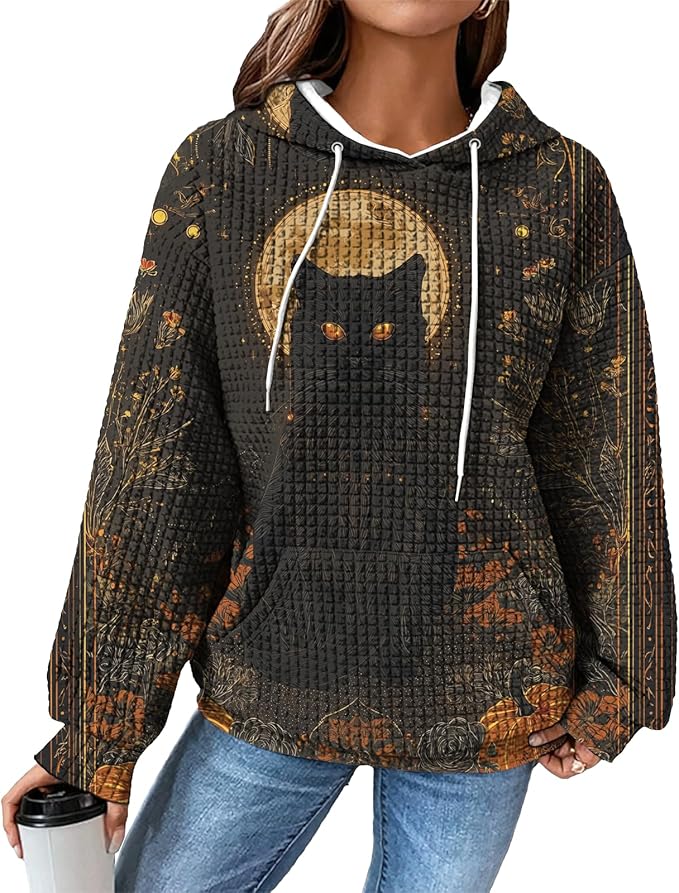 Halloween Sweatshirts for Women Novelty Graphic Drawstring Waffle Hoodies Loose Casual Pullover Tops with Pocket