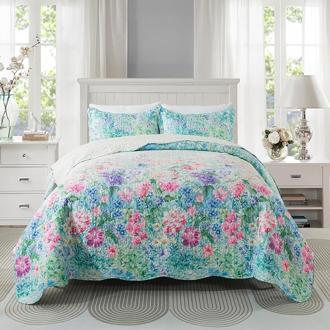 Travan Floral Quilt Set, Ultra Soft & Fade Resistant Bedding Set with 1 Quilt, 2 Shams Purple for All Season, Dream Garden - Queen