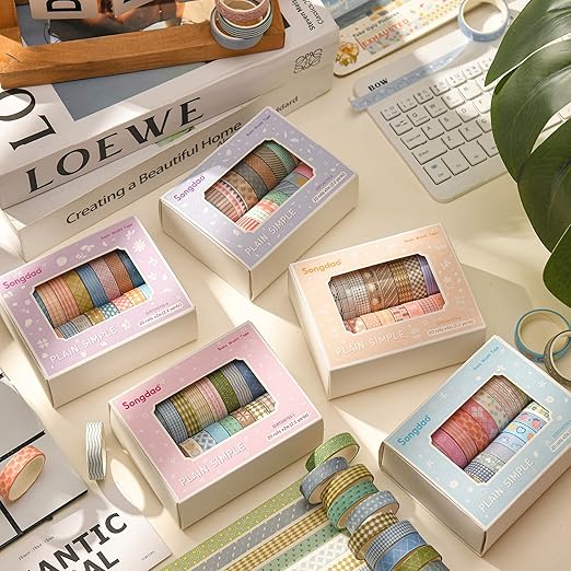 Songdao 20 Rolls Basic Washi Tape Set Japanese Arts Adhesive Tapes Simple Patterns Decorative Masking Tape Sets for Craft, Kids, Scrapbook, DIY, Gift Wrapping (Style Six)