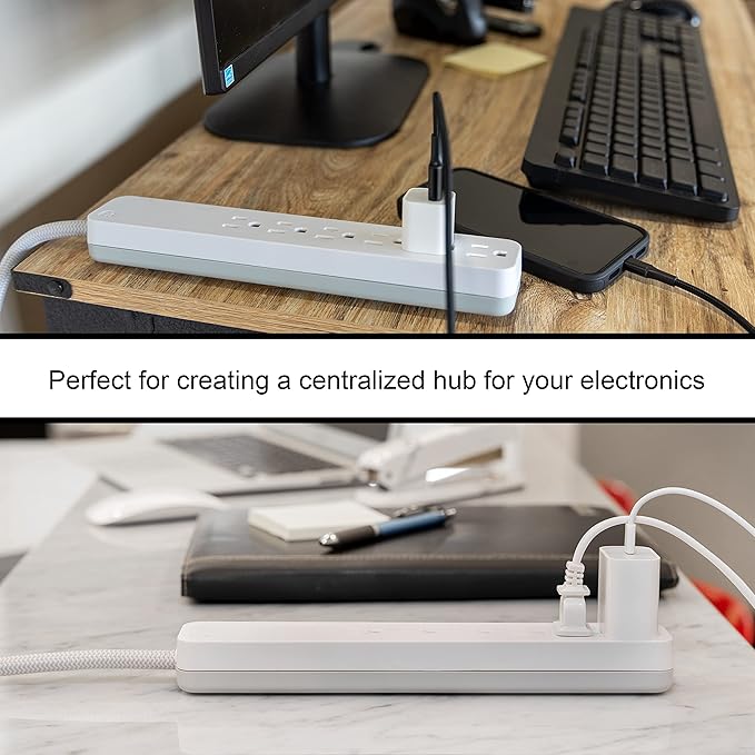 GE UltraPro 6 Outlet Surge Protector, 2 Ft Designer Braided Extension Cord, Flat Plug, Wall Mount, White, 45264