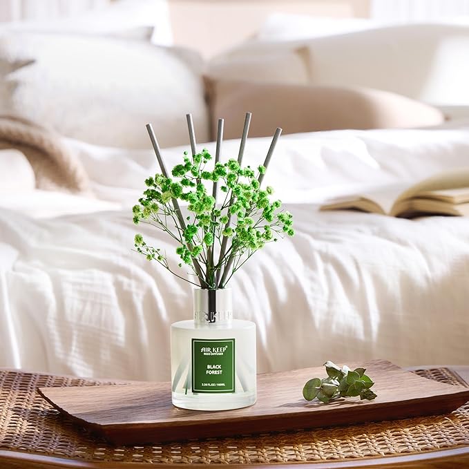 Airkeep Reed Diffuser Set,3.38 fl oz (100 ml) - Black Forest Oil Diffusers with 8 Reed Sticks, Home Fragrance Reed Diffuser for Bathroom Shelf Decor