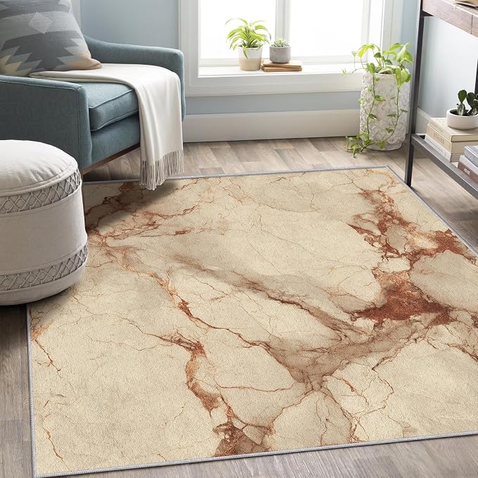 Beige Marble Abstract Area Rug, Vintage Stone Pattern Carpet, Washable Non Slip Low Pile Soft Thin, Living Room Bedroom Home Decor Mat 5x6ft