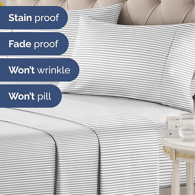 Striped Sheets - Black & White Striped Sheets - 1 Flat & 1 Fitted & 2 Pillowcases w/ Deep Pockets – Wrinkle & Fade Free - Soft, Breathable and Cooling – Luxury Pinstripe Bedding - Full Size Bed Set