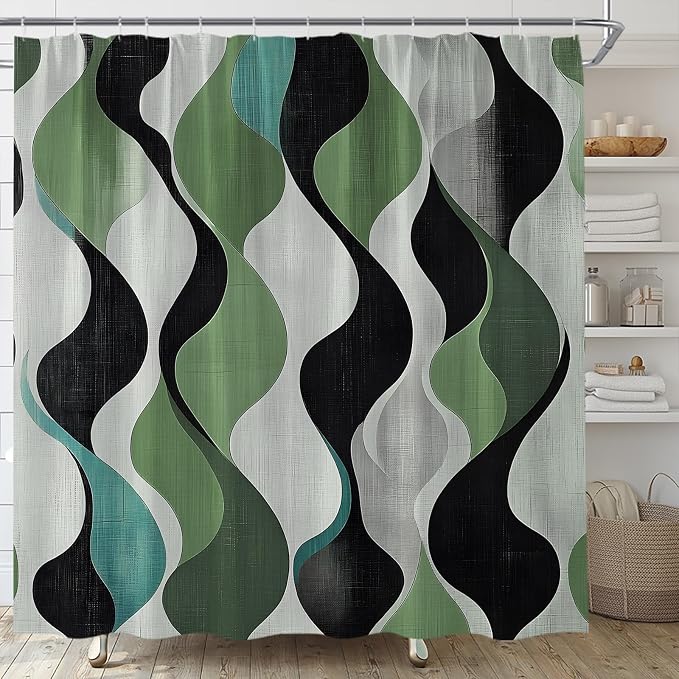Mid Century Shower Curtain Boho Minimalist Modern Abstract Aesthetic Geometric Striped Atomic Retro Earthy Fabric Bathroom Decor Set with Hooks(78" Wx70 H)