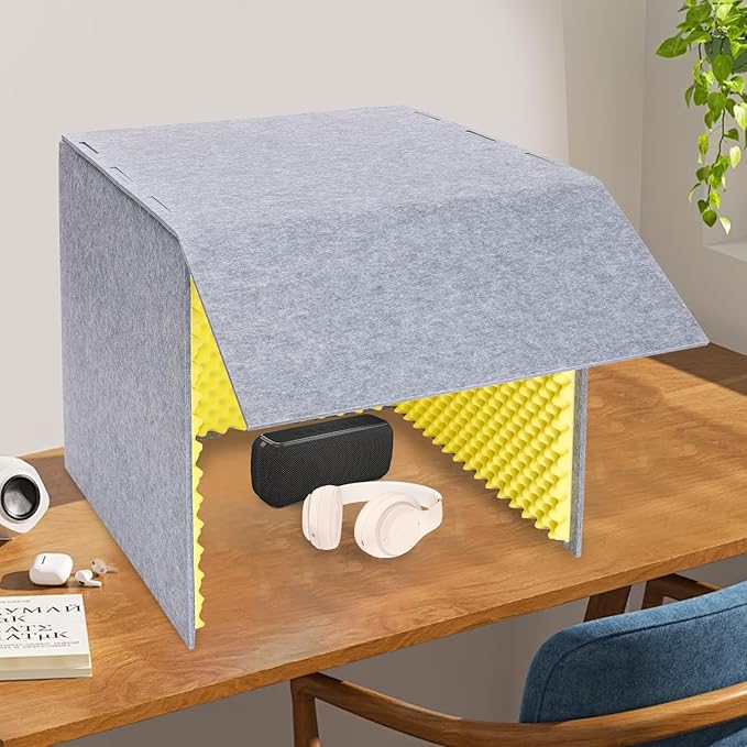 Desktop Soundproof Cover, Foldable Vocal sound absorbing shield, Isolation Booth for Voice Recording, Video Conferencing, Live Commentary, Musical Instrument Practice (Yellow+Gray)