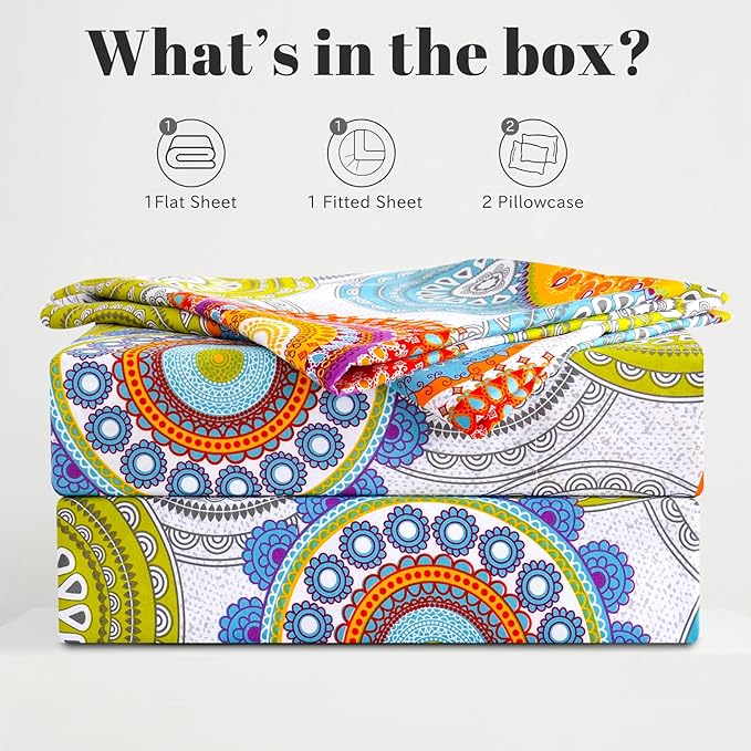 Bedlifes King Sheet Set Ultra Soft, Breathable, Silky Flower Deep Pocket 100% Microfiber Bedding, 4 Piece King Size Mandala Patterned