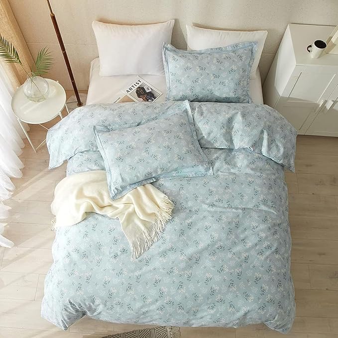 LifeTB Blue Floral Comforter Set King Size Vintage Flower Botanical Comforter with 2 Pillowcases Fluffy Soft Aesthetic Floral Cottagecore Bedding Set Chic Flower Leaves Pattern King Comforter Set