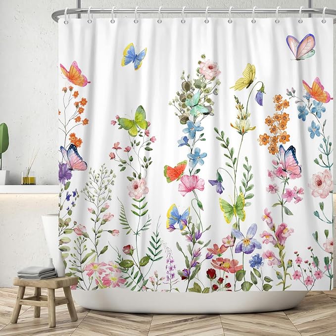 Spring Floral Butterfly Shower Curtain Summer Colorful Wildflowers Botanical Shower Curtain for Rustic Vintage Bathroom Decor Easter Shower Curtain Set 66x72 Inches