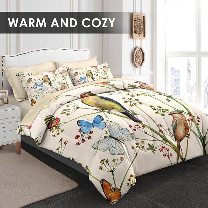 Comforter Set King Size, Vintage Birds Butterfly Colorful 7 Pcs Bedding for Kids and Adults, Floral Spring Beige Bed Sheet Sets with Fitted Sheet 2 Pillowcase & 2 Sham for Bedroom Bed Decor