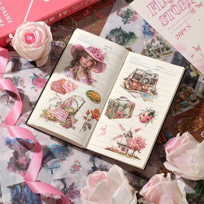 Auguro Scrapbook Stickers 20 Sheets 240 Pre-Cut Washi Stickers for Journaling PET Transparent Book Sticker Decorative or DIY Paper Crafts Arts and Crafting Projects