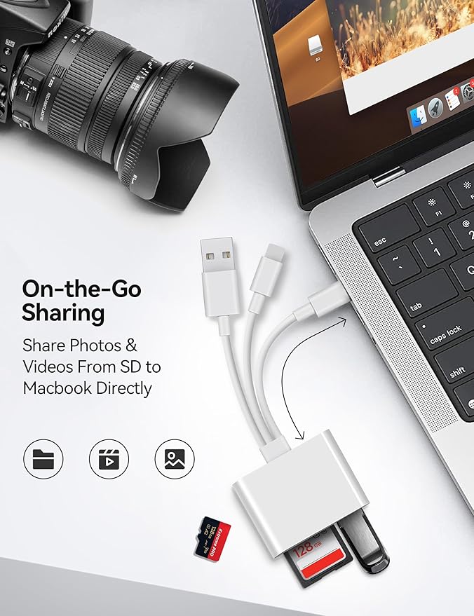 SD Card Reader for iPhone iPad Laptop 3-in-1 Connectors Memory Card Adapter with Dual Slots & USB Port Trail Game Camera Viewer for iPhone Mac MacBook Android Laptop White