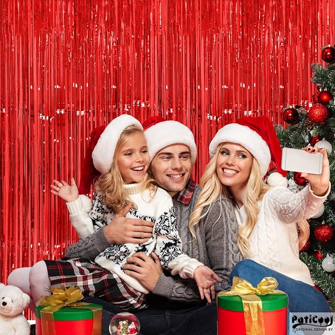 Thicken Red Streamers 4 Pack 3.2 x 8.2 FT, Red Tinsel Backdrop Curtains, Foil Fringe Backdrop for Birthday, Casino, Carnival, Christmas, Cherry, Hollywood Red Carpet Party Decorations