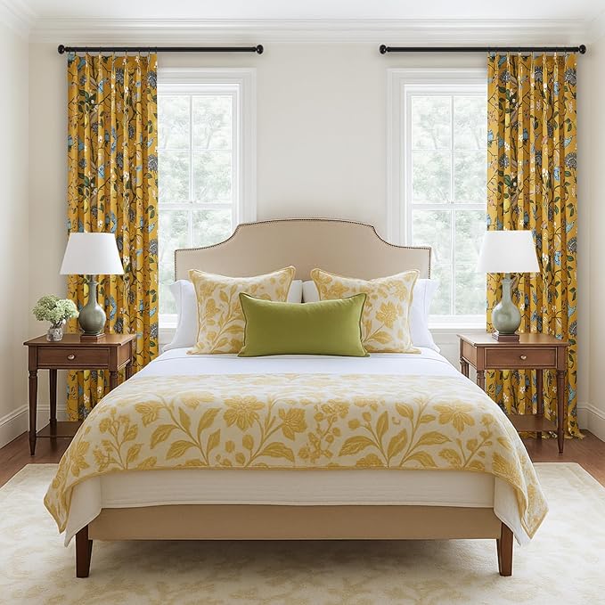 Mustard Yellow Curtains for Living Room Bedroom, Aesthetic Unique Rustic Pinch Pleated Drapes Cottagecore Floral Flower Printed Modern Farmhouse Window Treatment 63 Inch Length 2 Panels