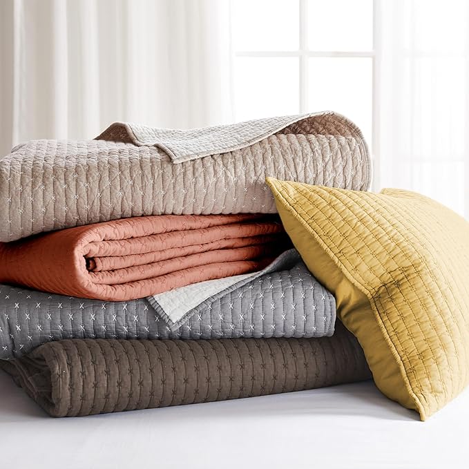Levtex Home Cross Stitch Reversible Queen Bedspread Set (104x106in) with 2 Pillow Shams (26x20in) - Stitch Texture - Adobe - Cotton Queen Size Bedspread Set - Lightweight, Soft, Pre-Washed