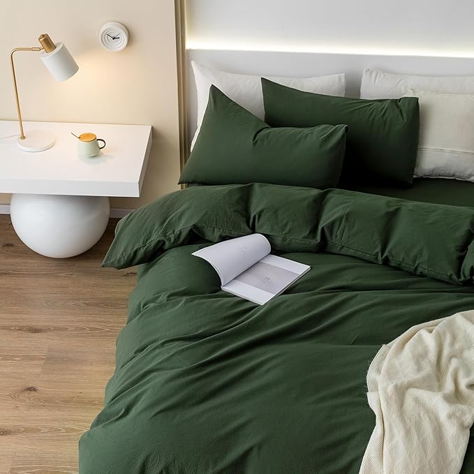 JIYUAN 100% Washed Cotton Duvet Cover Set 3 Pieces Oversized King, 1 Duvet Cover 120x98 Inches(Comforter Not Included) and 2 Pillowcases,Linen Feel Bedding Set Comfy and Breathable,Forest Green