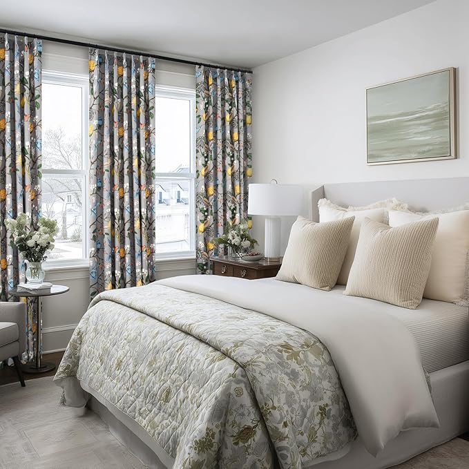 Vintage Floral Pinch Pleated Blackout Curtains 84 Inches Long 2 Panels for Bedroom Living Room Grey White Flower Patterned Room Darkening，Lemon Design Hummingbird Colorful Window Treatments Drapes