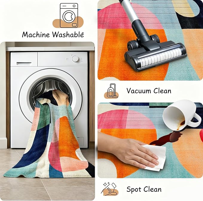 6x9 Colorful Area Rug Modern Abstract Orange Yellow Pink Blue White Beige Black Bedroom Rug Low Pile Thin Large Carpet Living Room Non Slip Dining Room Stain Resistant Office Washable Machine