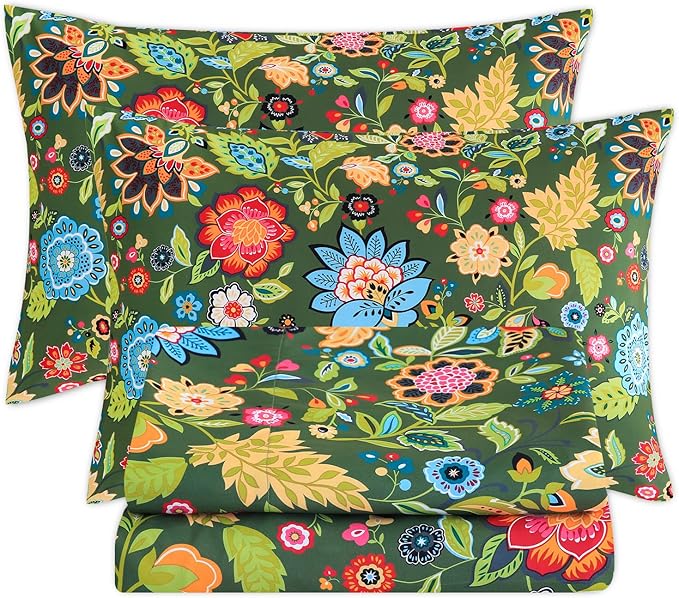 Bedlifes California King Sheet Set Ultra Soft, Breathable, Silky Flower Deep Pocket 100% Microfiber Bedding, 4 Piece Cal King Size with Floral Dark Green
