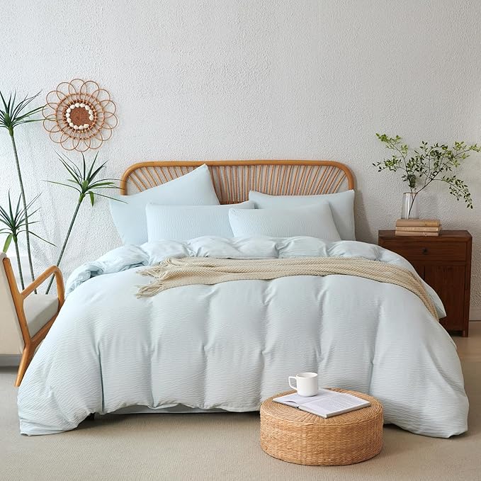 Duvet Cover Set Queen Glacier Blue, 3 Pieces Double-Layer Crinkle Gauze Soft Bedding for All-Season Lightweight Breathable with 2 Pillowcases