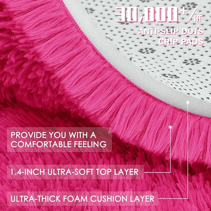 OLANLY Hot Pink Round Rugs for Bedroom - Machine Washable, 4 ft Circle Area Rugs for Living Room, Soft and Fluffy Shaggy Carpet for Teen Girls and Boys, Nursery Rooms, Dorms, Home Decor Aesthetic