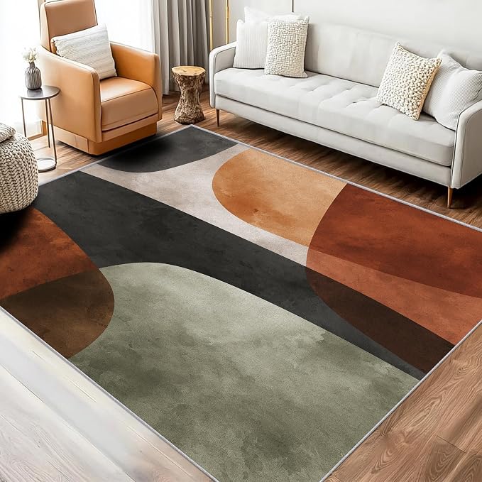 Mid Century Modern Rugs 7x9, Abstract Retro Art Washable 7 x 9 Area Rug for Living Room, Bedroom, Low Pile Non Slip Stain Resistant Carpet, Mid Century Home Decor Accessories & M935