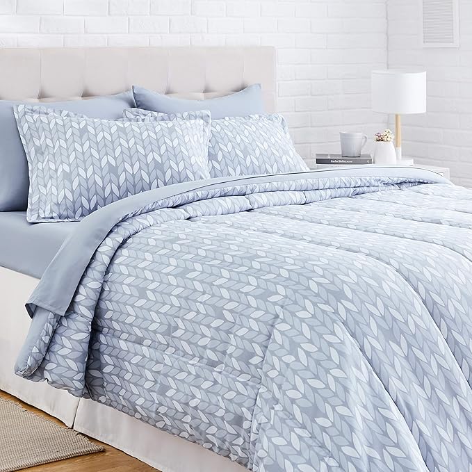 Amazon Basics Full/Queen Comforter Set with Herringbone Sheets, 7-Piece Gray Leaf Bedding, Lightweight Microfiber Bed-in-a-Bag