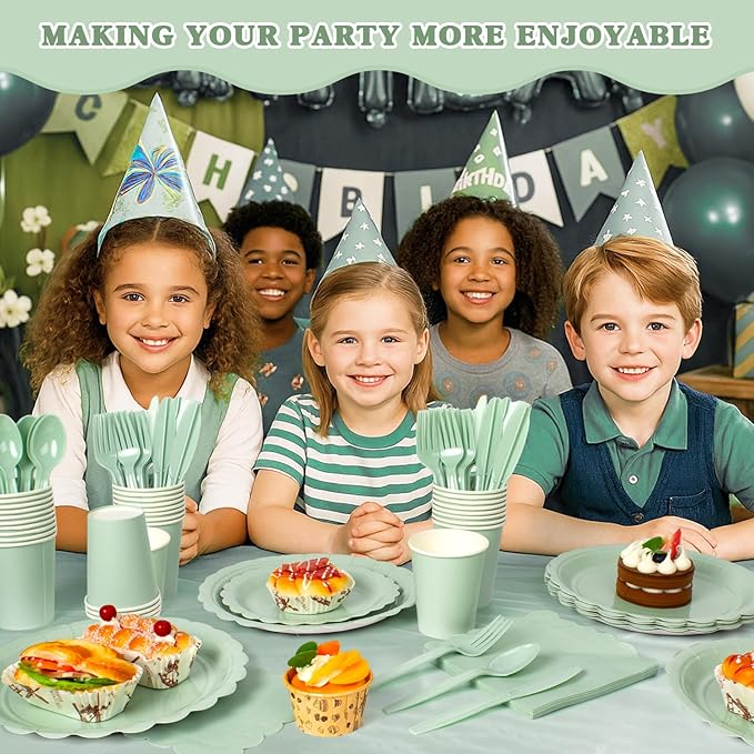 Vyntra 350 PCS Disposable Plates for Boho Party, Paper Plates & Napkins Set with Cups, Knives, Forks, Spoons, 7'' Dessert and 9'' Dinner Plates for Wedding, Baby Shower, Birthday - Sage Green