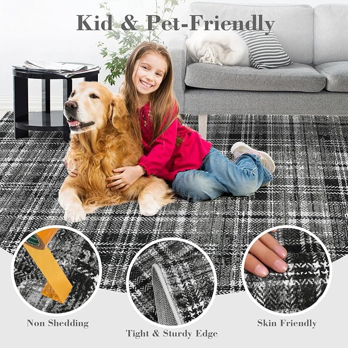 Tartan Plaid Washable Rug, Soft Round Rugs 5ft Circle Carpets for Bedroom Modern Ultra-Thin, Circular Carpet for Living Room Nursery Dorm Bedside, Black