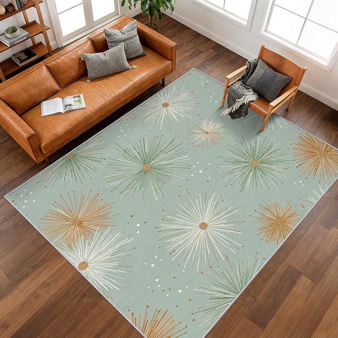 Mid Century Modern Rugs for Bedroom 6x9 ft, Starburst Area Rugs for Living Room, Washable Non Slip Low Pile Retro Atom Carpet, Home Decor PF-P 107