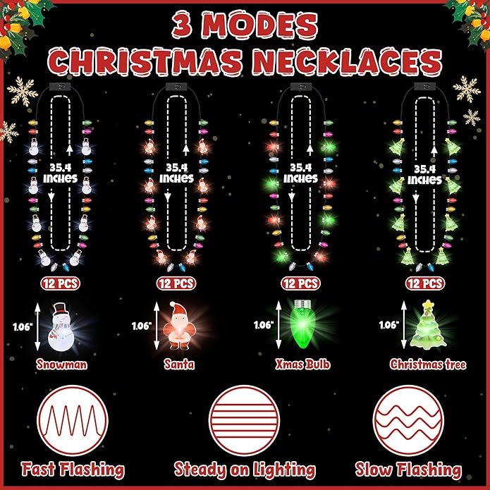 Christmas Neckalce Light up, 8 Lighting Bulbs Light Christmas Neckalce Bulk with 3 Glow Styles, Snowman Strawberry Santa Tree Neckalces for Xmas Party Decorations Favors